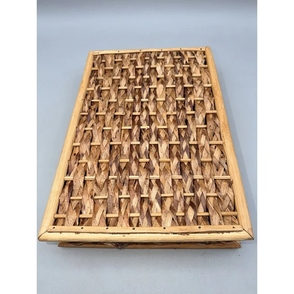 Vintage Woven Wicker Rattan Flatware Organizer Tray 4 Compartment Bamboo 12